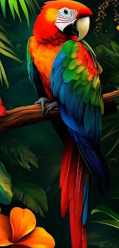A vibrant parrot sits in a colorful jungle setting with lush greenery.