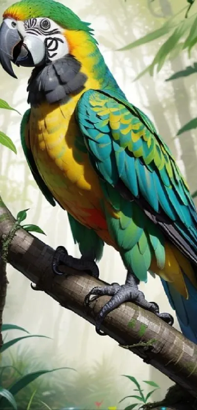 Colorful parrot perched in a lush jungle scenery.