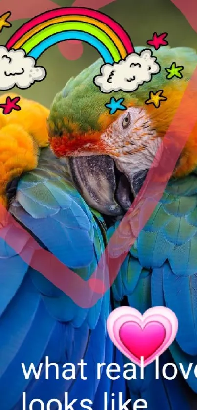 Colorful parrots in love with heart and rainbow.