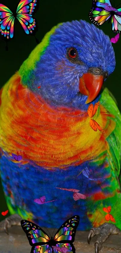 Colorful parrot with butterflies, vibrant phone wallpaper.
