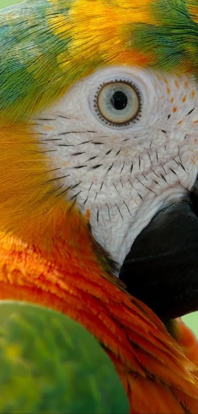 Vibrant parrot with colorful feathers on green background.