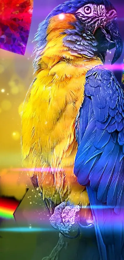 Vibrant yellow and blue parrot on abstract background.