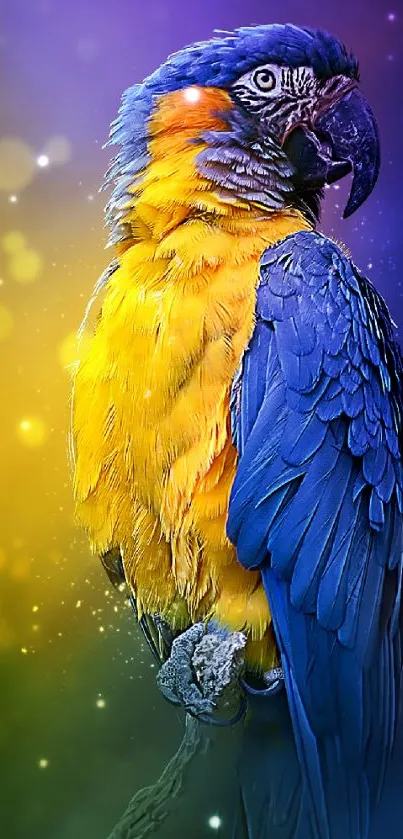 Colorful blue and yellow parrot on artistic background.