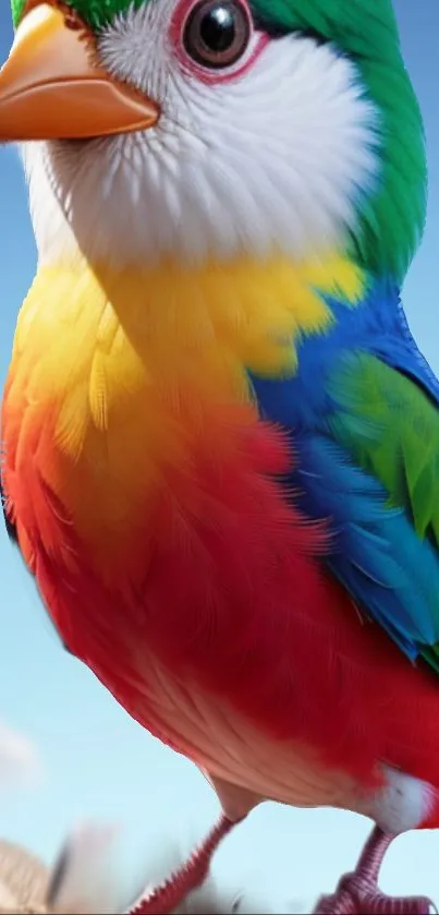 Vibrant parrot with colorful feathers against blue sky.