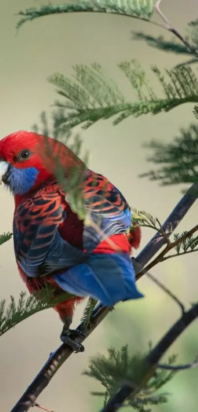 Colorful parrot perched on a green branch in nature.