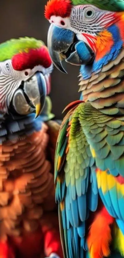 Pair of colorful parrots on a branch; vibrant and exotic appearance.