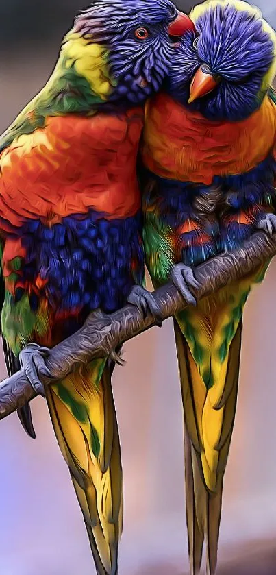 Colorful parrots perched on a branch.