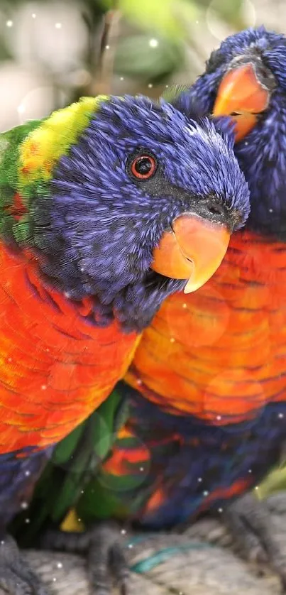Colorful parrots perched on a branch with vivid green and orange feathers.