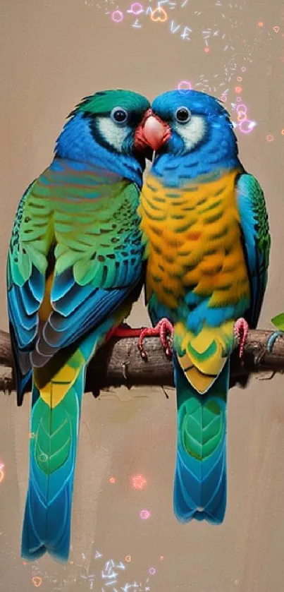 Two colorful parrots perched on a branch with vibrant blue and green feathers.