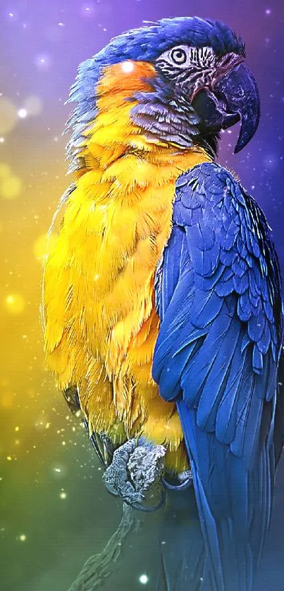 Vibrant parrot on colorful backdrop with bokeh effect.