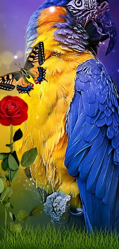 Colorful parrot with butterfly and rose on a vibrant background.