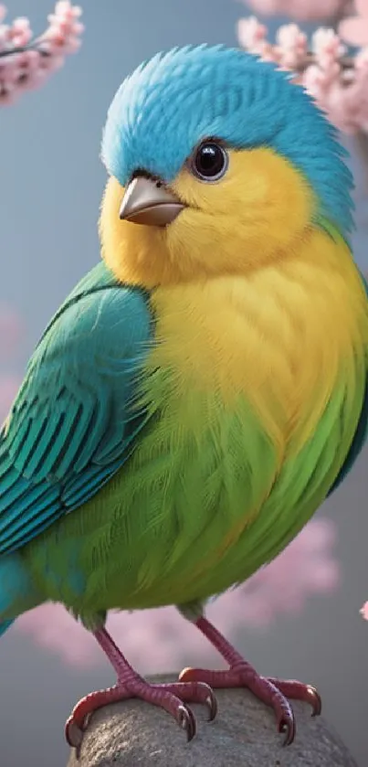 Vibrant parrot perched among cherry blossoms with blue feathers.