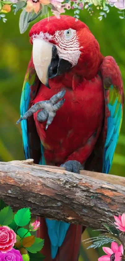 Vibrant parrot perched on a branch with colorful floral framing.