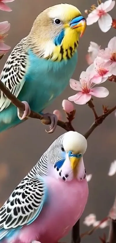 Vibrant parrots perched on cherry blossom branches.