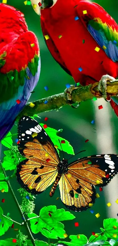 Colorful parrots and butterfly with confetti background.