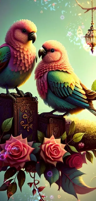 Colorful parrots perched with roses and lantern fantasy art.