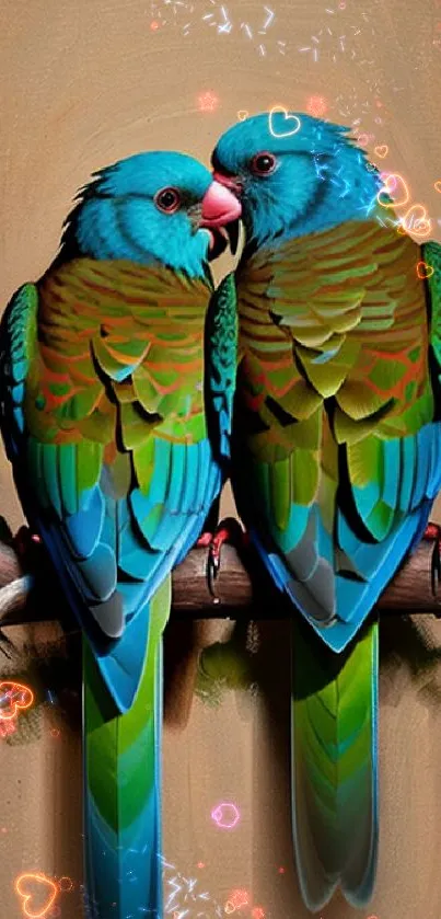 Colorful parrots perched on branch wallpaper.