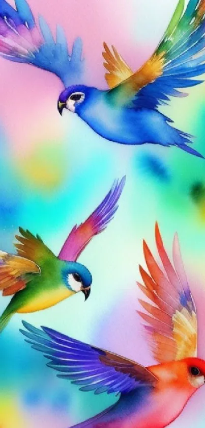 Vibrantly colored parrots in artistic flight.