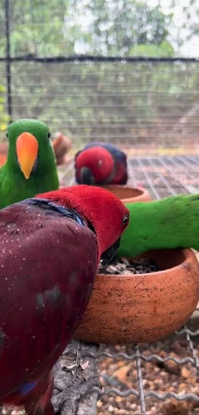 Group of colorful parrots feeding in a natural setting.