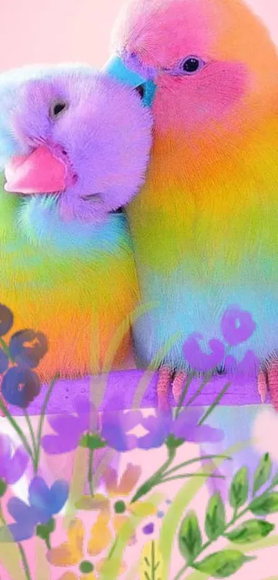 Two colorful parrots with a floral design on a pink background.