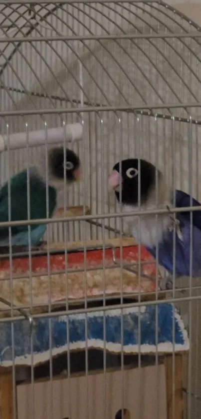 Two colorful parrots inside a cage, perfect for mobile wallpaper.