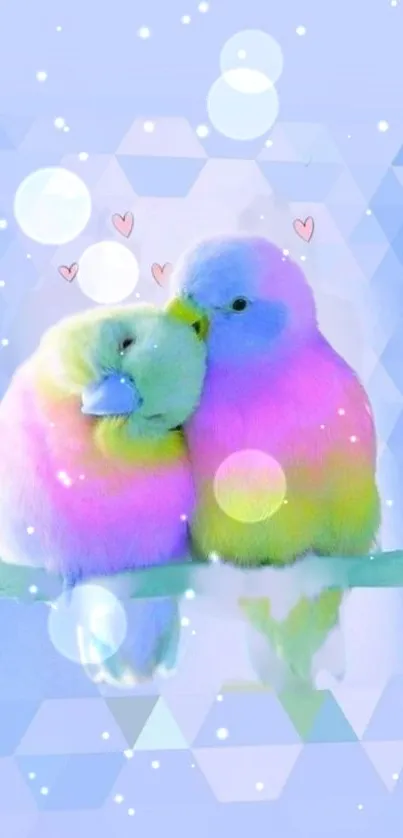 Two pastel-colored parrots with dreamy hexagon background.