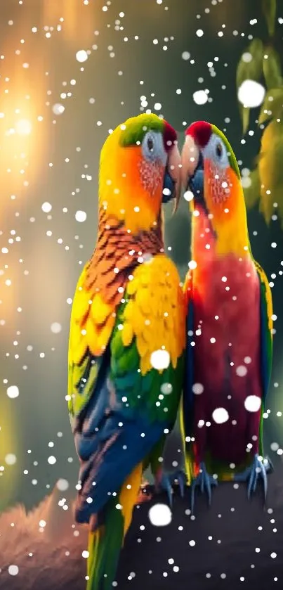 Two colorful parrots sitting together in a snowy backdrop.