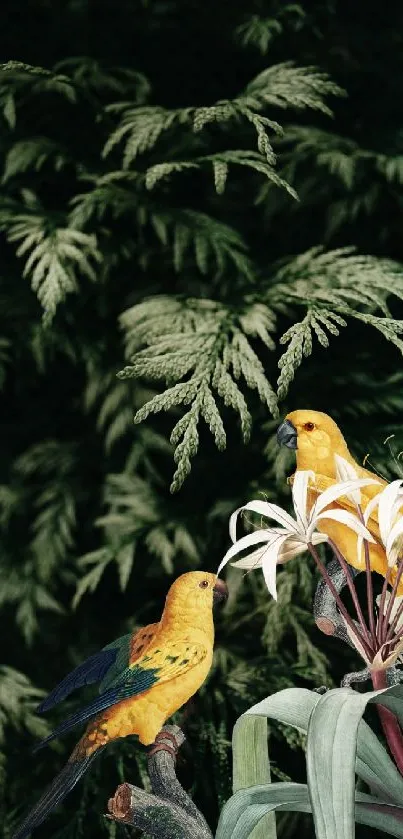 Yellow parrots on plant with lush green foliage.