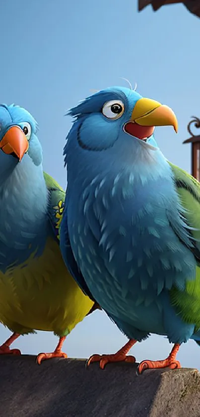 Two colorful parrots and a lantern in a serene natural setting on a phone wallpaper.