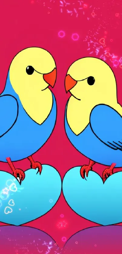 Cute parrots perched on blue hearts in a vibrant pink background.