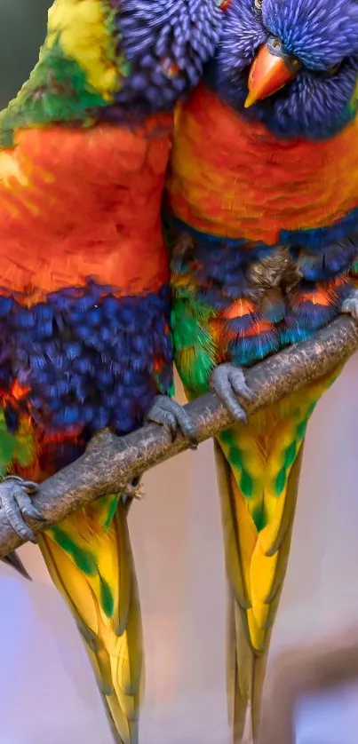 Colorful parrots perched closely together on a branch.