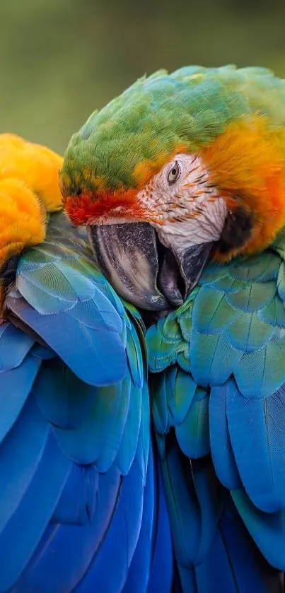 Two colorful parrots resting closely on a rod, showcasing blue and green plumage.