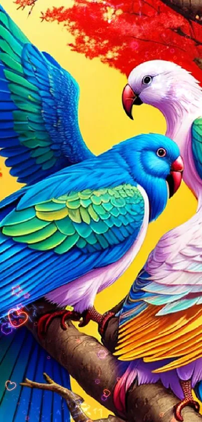 Vibrant parrot wallpaper with colorful feathers and a nature background.