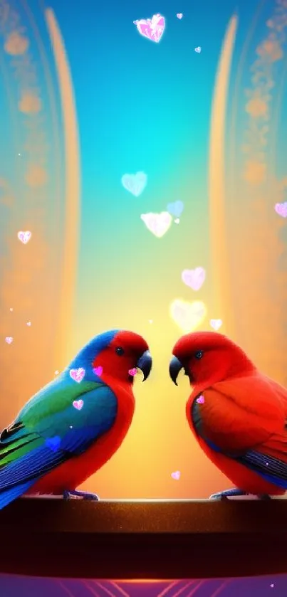 Two colorful parrots on a perch with a vibrant gradient background.