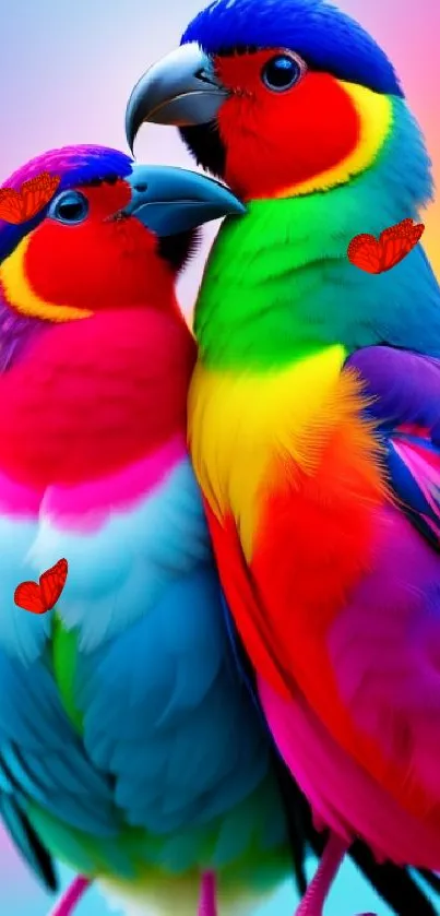 Two colorful parrots with vibrant feathers on a rainbow background.