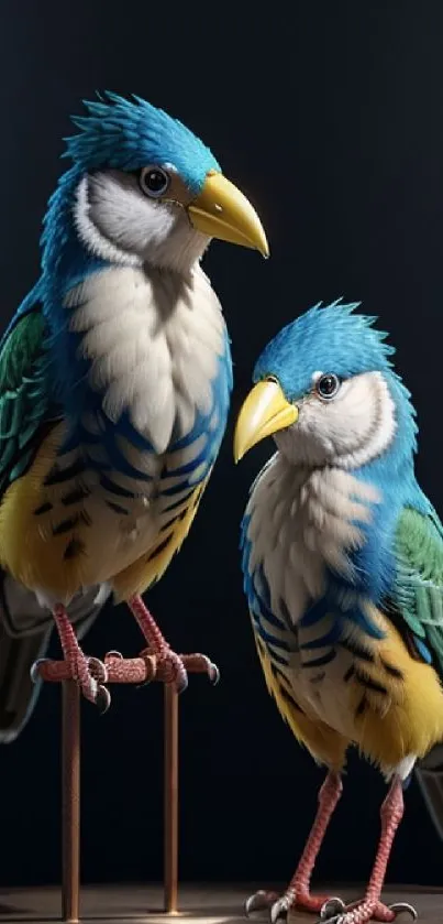 Two vibrant parrots with blue feathers on a dark background, perfect for mobile wallpaper.