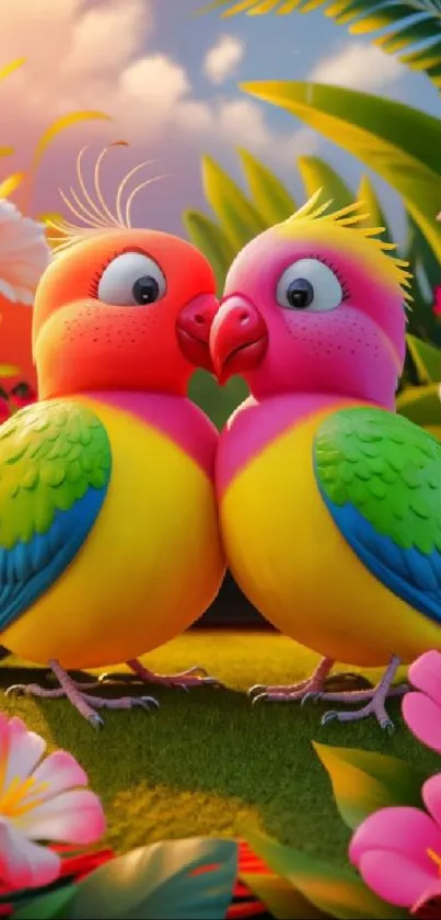 Colorful animated parrots in tropical setting.