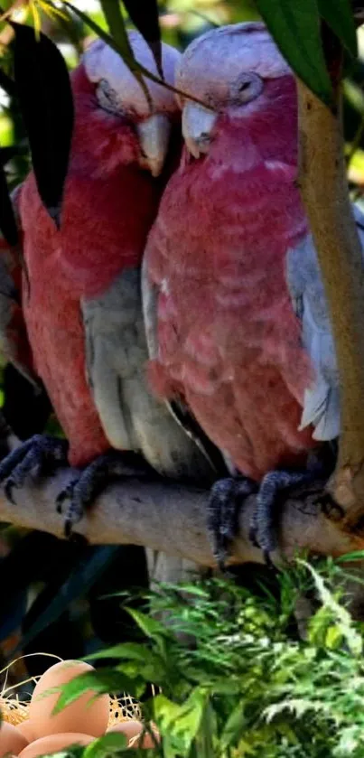 Two pink parrots sit closely on a tree branch.