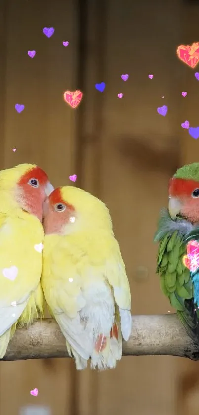 Three colorful lovebirds perched on a branch with a blurred wooden backdrop.