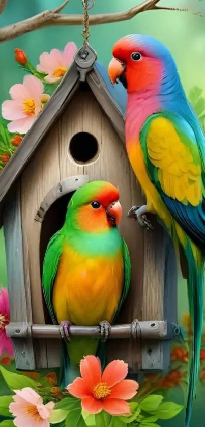 Two colorful parrots on a birdhouse among flowers.