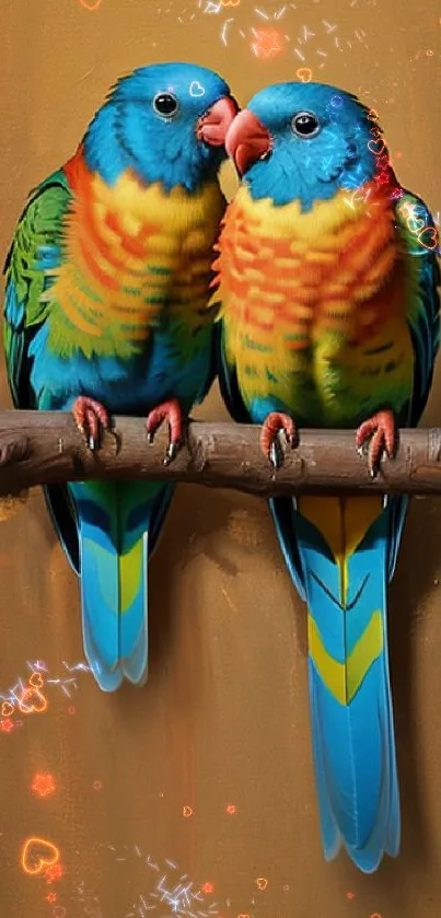 Vibrant parrots perched on a branch with a warm background.