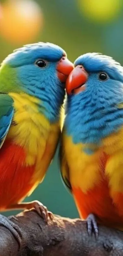 Two colorful parrots perched closely on a branch.