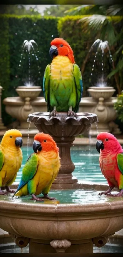 Colorful parrots perched on a beautiful garden fountain scene.