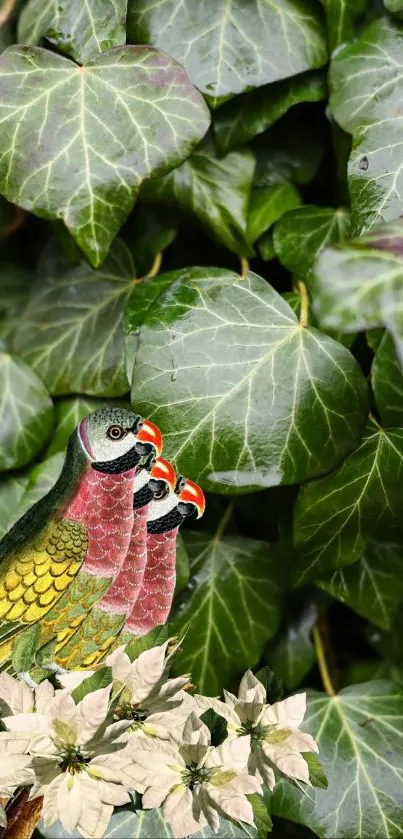 Colorful birds perched on a lush ivy leaf background.