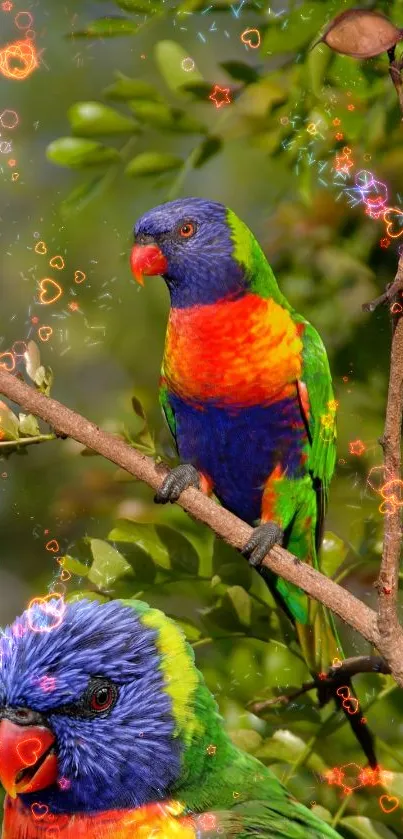 Colorful parrots in a lush tropical setting with vibrant background.