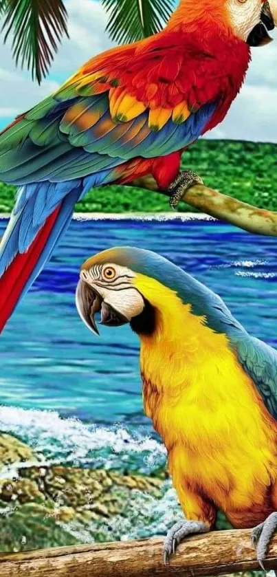 Vibrant wallpaper of two colorful parrots by a tropical ocean backdrop.