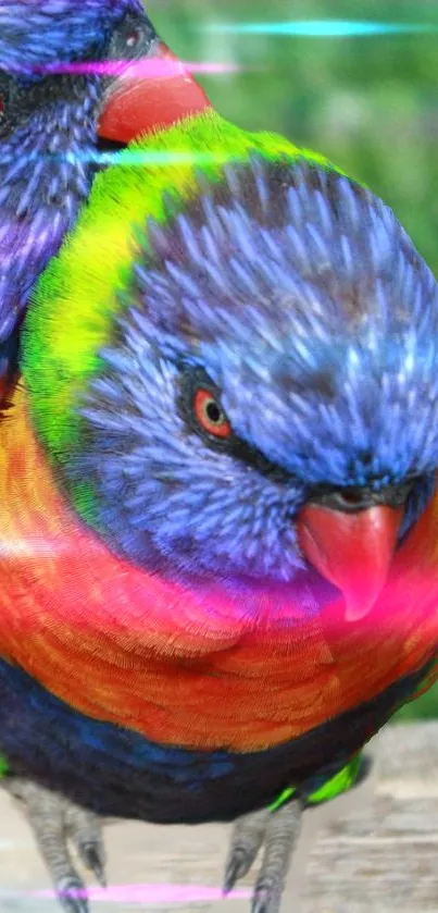 Two vibrant parrots with colorful plumage in a tropical setting.