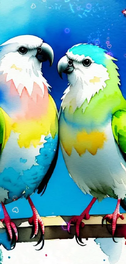 Vibrant watercolor painting of two colorful parrots on a branch.