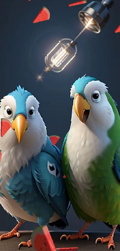 Two colorful parrots with a vintage bulb glowing above them.