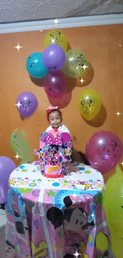 Decorative birthday scene with balloons and cake.